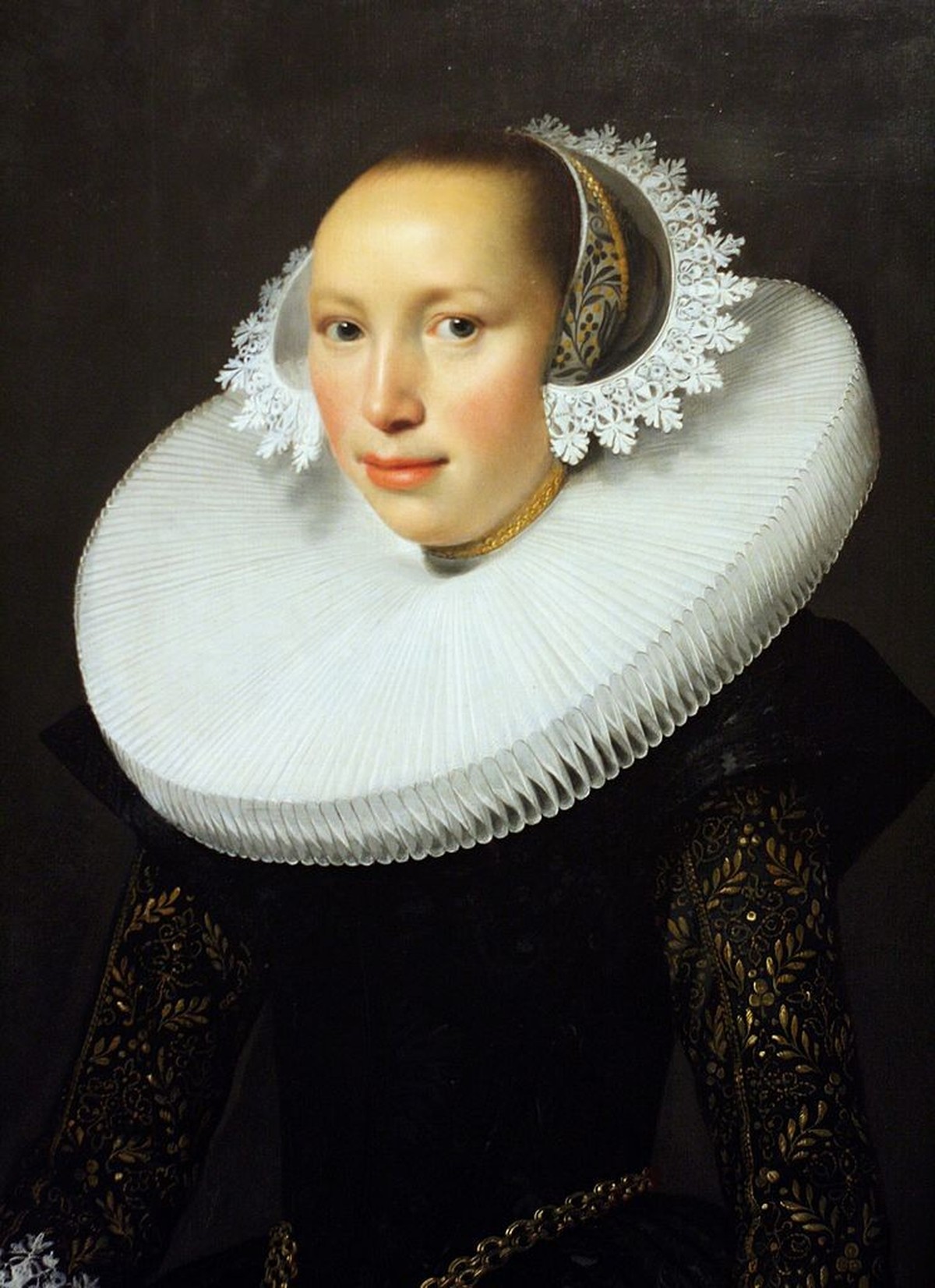Attributed to Nicholas Eliasz also known as Pickenoy (1590/1-1653/6). Portrait of a lady (detail), Oil on panel. Dutch merchant class female painted around the 1630's. (1577-1640) Dutch Painter.  ...