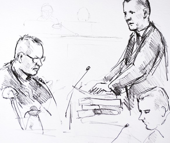 epa06588763 An artist&#039;s drawing by Anne Gyrite Schuett shows accused Peter Madsen (L) and the prosecutor Jakob Buch-Jepsen (standing) on the first day of the trial at the courthouse in Copenhagen ...