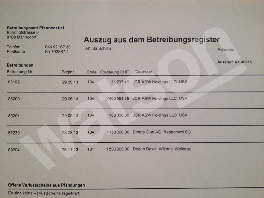 Liotard-Vogts privater aktueller Betreibungsregister-Auszug vom 22. Januar 2014.