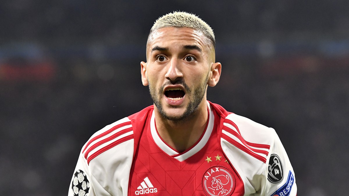 FILE - In this Wednesday, May 8, 2019 file photo, Ajax's Hakim Ziyech reacts during their Champions League semifinal second leg soccer match against Tottenham Hotspur at the Johan Cruyff ArenA in ...