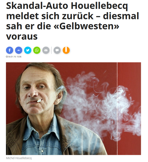 Skandal-Auto Houellebecq meldet sich zurÃ¼ck â diesmal sah er die Â«GelbwestenÂ» voraus
Skandal-Auto :)