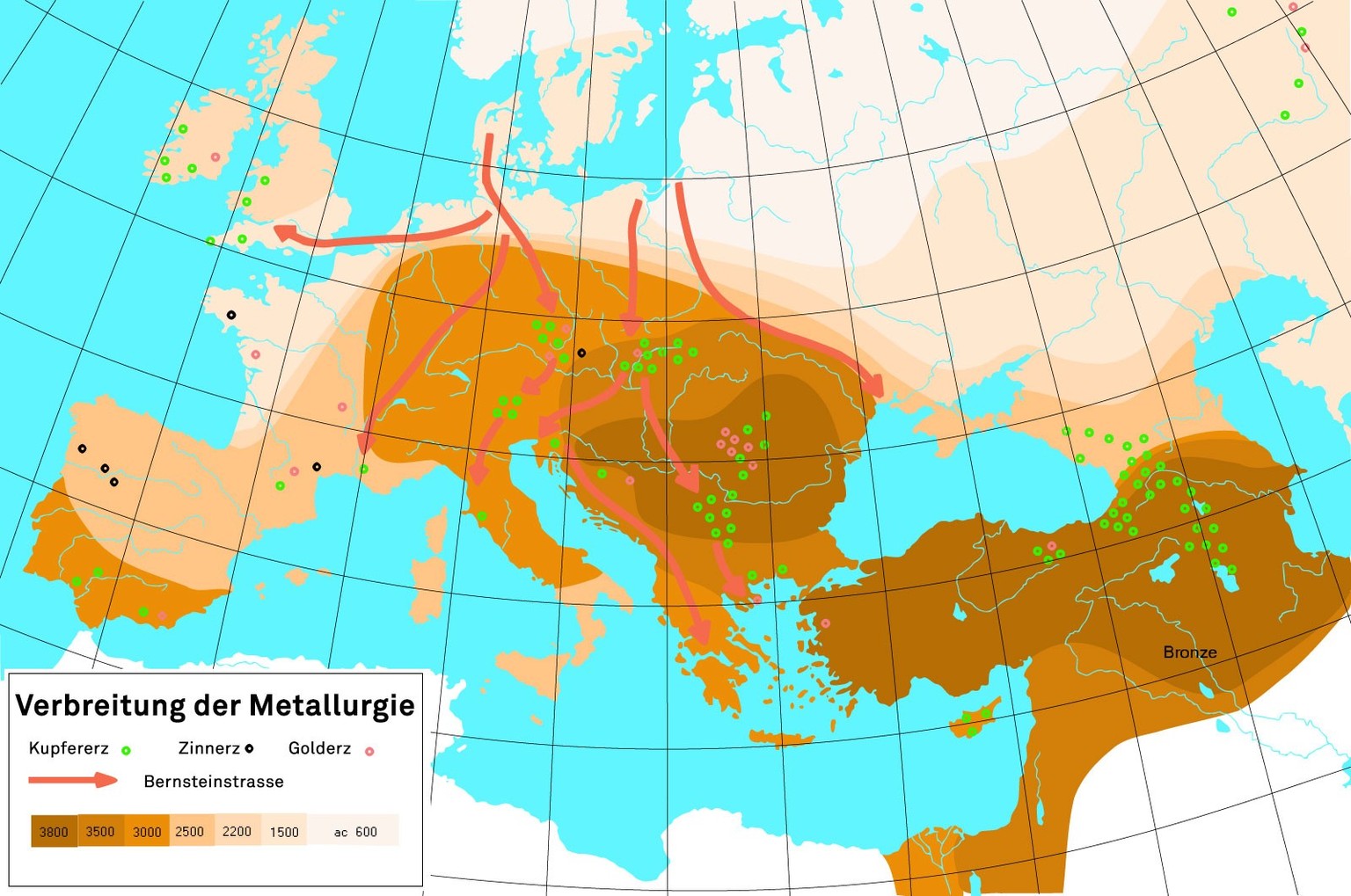 Verbreitung von Techniken der Metallurgie in einem Zeitraum von 3800 v. Chr. bis in die Bronzezeit (2200 bis 800 v. Chr.).
https://commons.wikimedia.org/wiki/File:Metallurgical_diffusion.svg