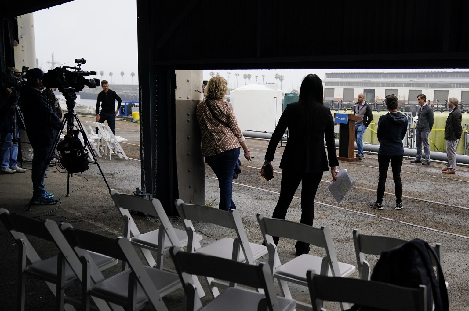 Gaurav Sant, center, civil and environmental engineering professor at UCLA and director of the UCLA Institute for Carbon Management, speaks at a news conference about technology dubbed SeaChange on We ...