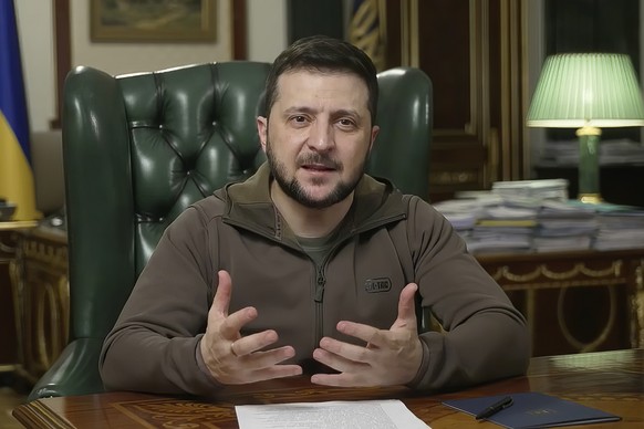 In this image from video provided by the Ukrainian Presidential Press Office, Ukrainian President Volodymyr Zelenskyy speaks from Kyiv, Ukraine, Wednesday, April 6, 2022. (Ukrainian Presidential Press ...