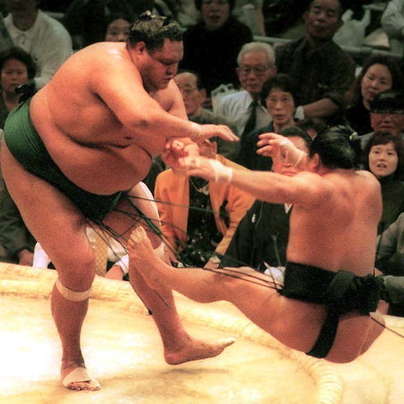 15日間福大相撲九州場所の初日、ハワイ出身のグランドチャンピオン横綱曙（左）がジュニアチャンピオンの関脇早戸海を土俵から押し出して勝利を収めた。