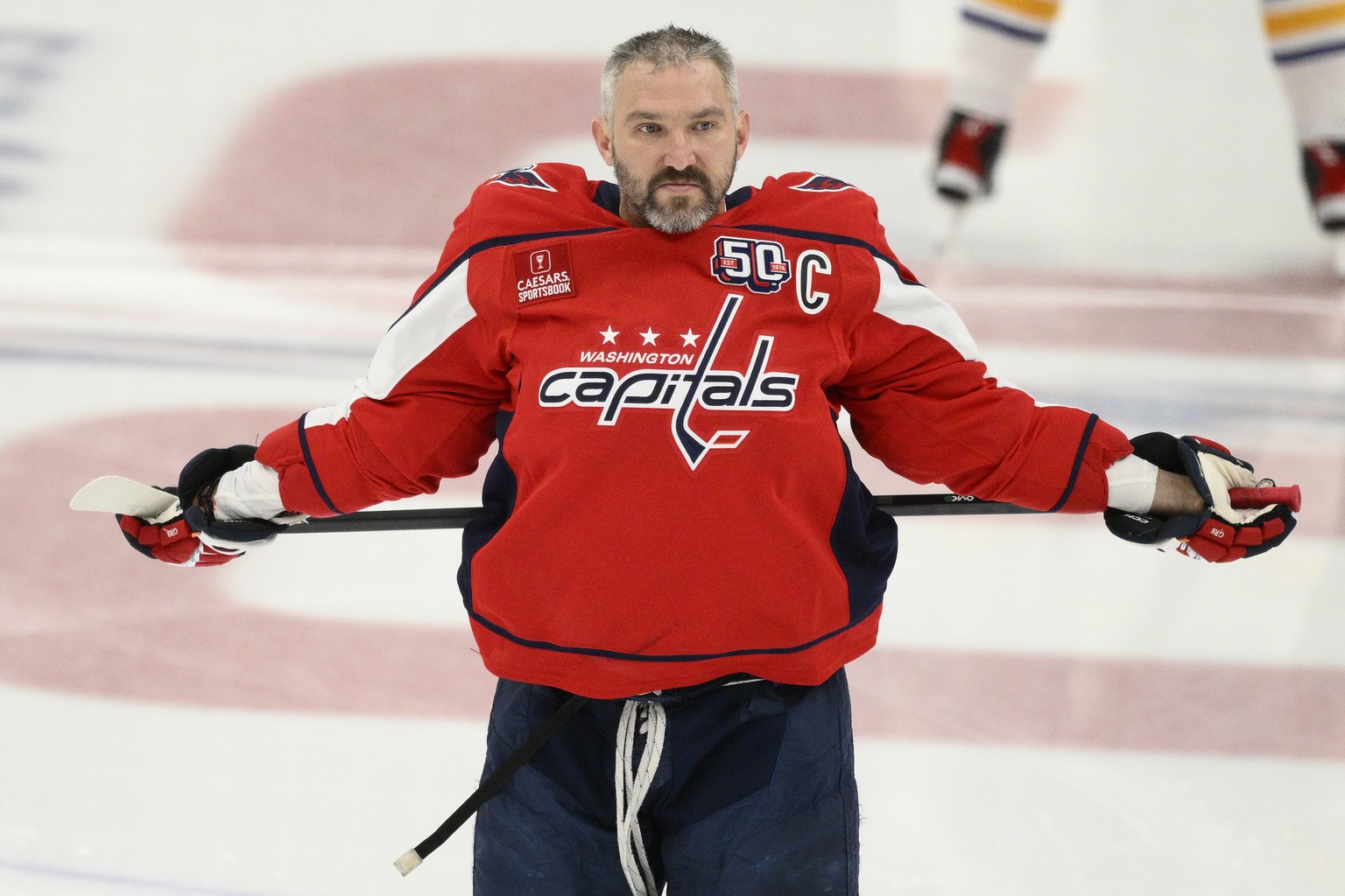 Washington Capitals left wing Alex Ovechkin warms up before an NHL hockey game against the Buffalo Sabres, Sunday, March 30, 2025, in Washington. (AP Photo/Nick Wass)
Alex Ovechkin