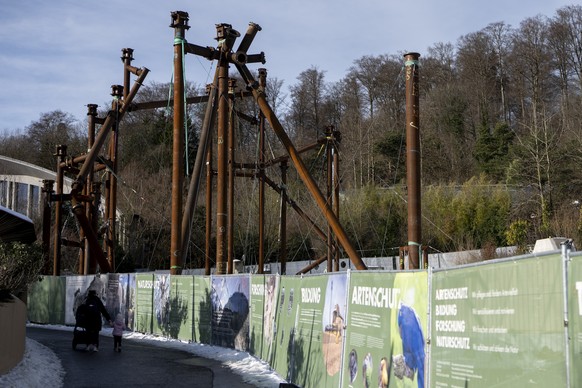 Aussenansicht auf die Baustelle der Pantanal Voliere des Zoo Zuerich mit Stahlteilen der Deckenkontstuktion fotografiert am Mittwoch, 14. Januar 2026 in Zuerich. Nach einem Steit des Zoo Zuerich und d ...