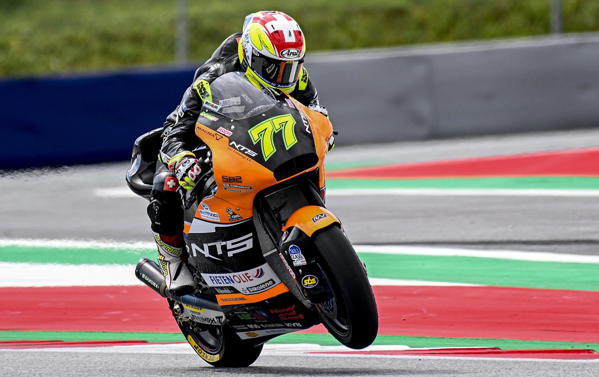 epa08605700 Swiss Moto2 rider Dominique Aegerter of NTS RW Racing GP in action during the third free practice session of the Motorcycling Grand Prix of Austria at the Red Bull Ring in Spielberg, Austr ...