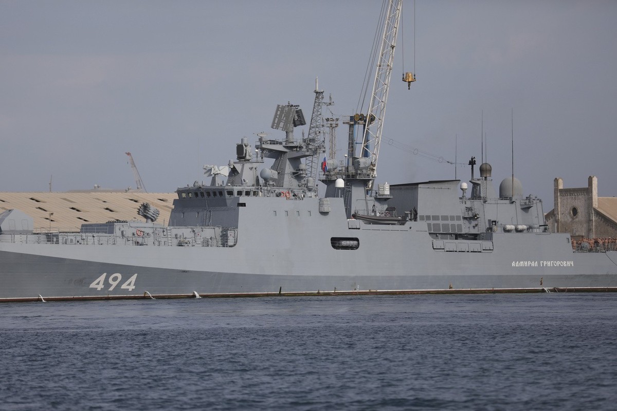 FILE - A Russian warship is docked in the Port Sudan, in Port Sudan, Sudan, on Feb. 28, 2021. The Interfax News Agency cited the press service of the Russian Navy's Black Sea Fleet saying the fri ...