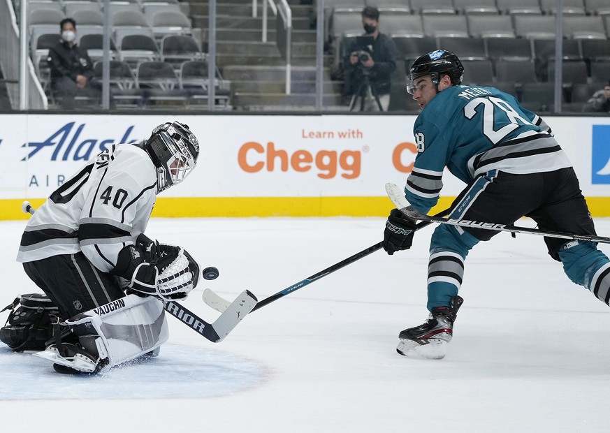 Los Angeles Kings goaltender Calvin Petersen (40) blocks a shot by San Jose Sharks right wing Timo Meier (28) during the first period of an NHL hockey game Friday, April 9, 2021, in San Jose, Calif. ( ...