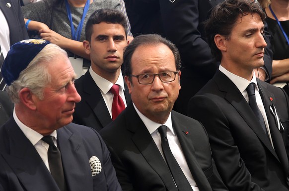 From left to right: Britain&#039;s Prince Charles, French President Francois Hollande and Canadian Prime Minister Justin Trudeau attend the funeral of former Israeli President and Prime minister Shimo ...