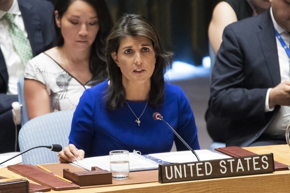 American Ambassador to the United Nations Nikki Haley speaks during a Security Council meeting on the situation in the Myanmar, Tuesday, Aug. 28, 2018 at United Nations headquarters. (AP Photo/Mary Al ...