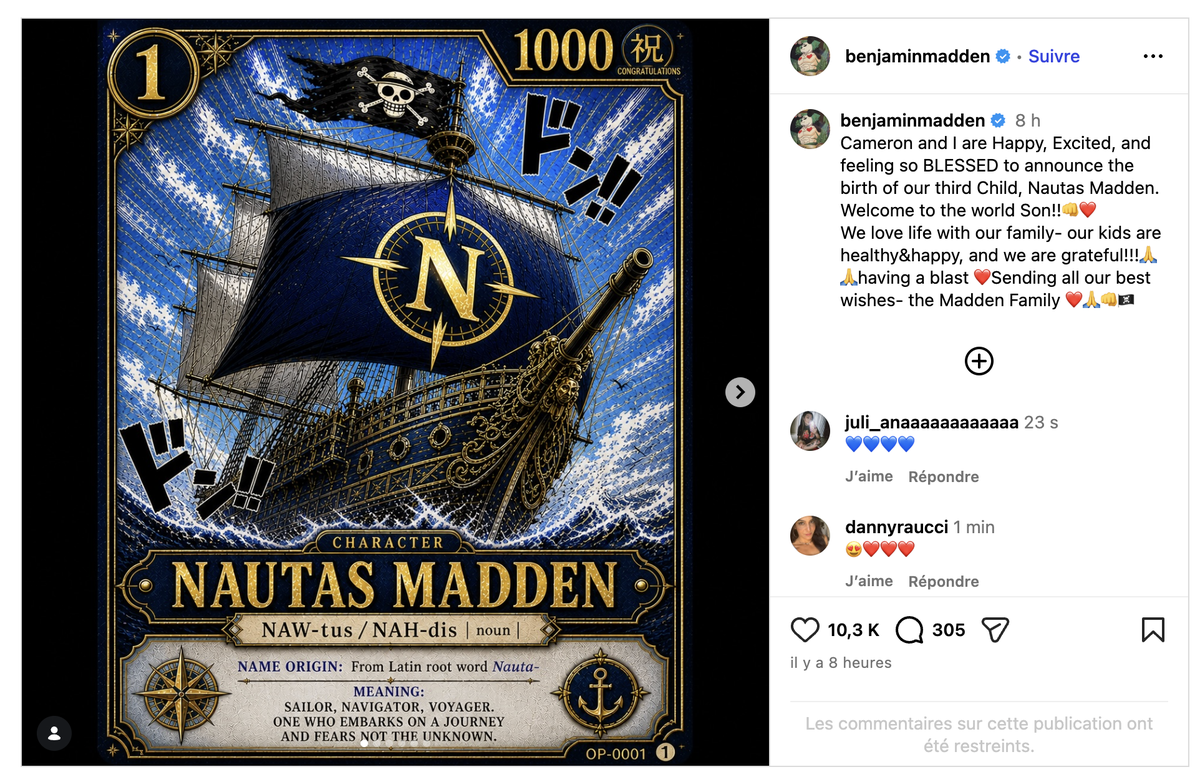 Cameron Diaz et Benji Madden ont annoncé la naissance de leur troisième enfant, un fils prénommé Nautas Madden, sur Instagram.