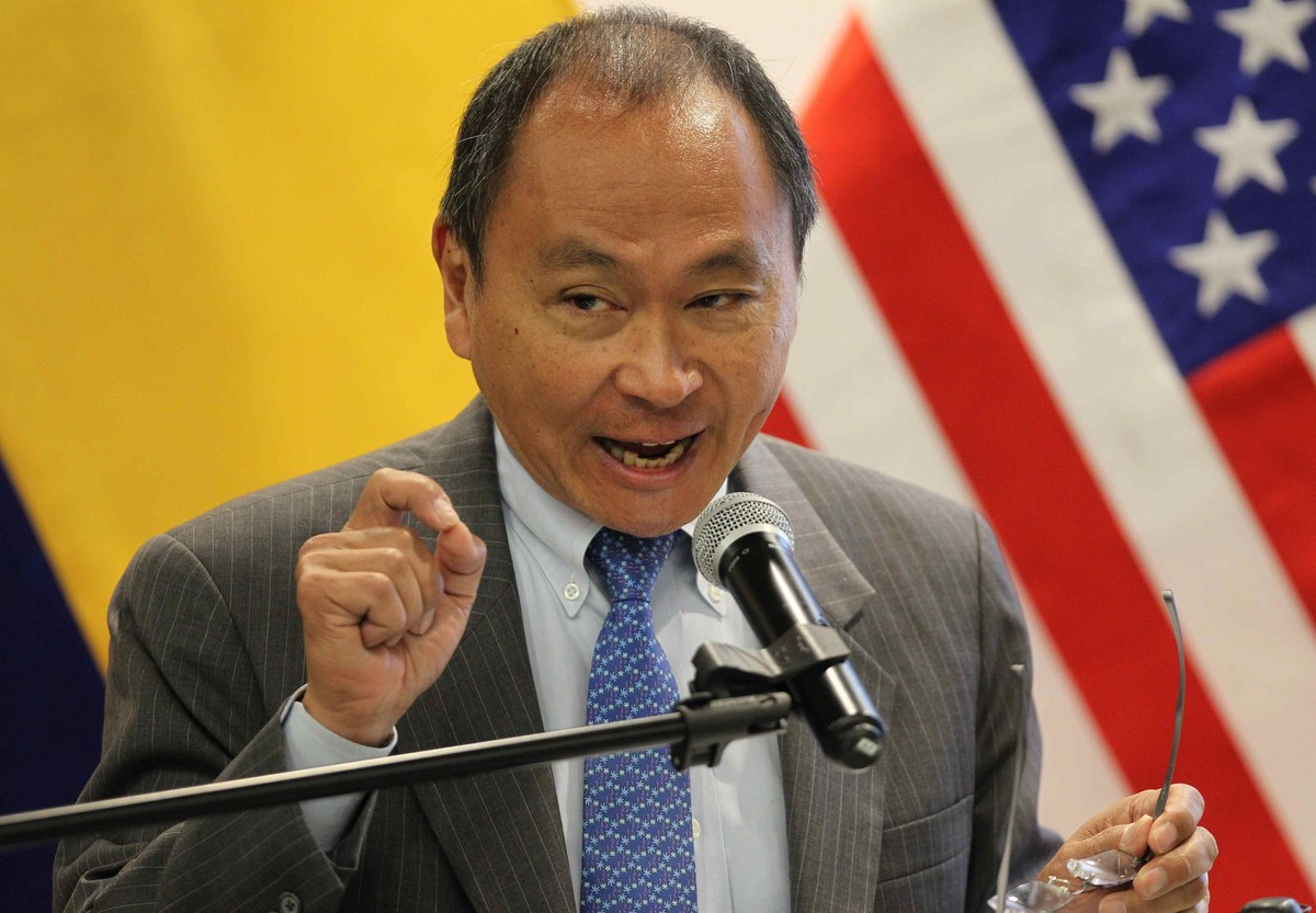 epa04297429 US political scientist Francis Fukuyama speaks during the International Conference 'New Public Management and leadership for Democratic Governance and Social Inclusion', in Lima, ...