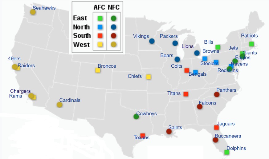 Die geographische Verteilung der 32 NFL-Teams.