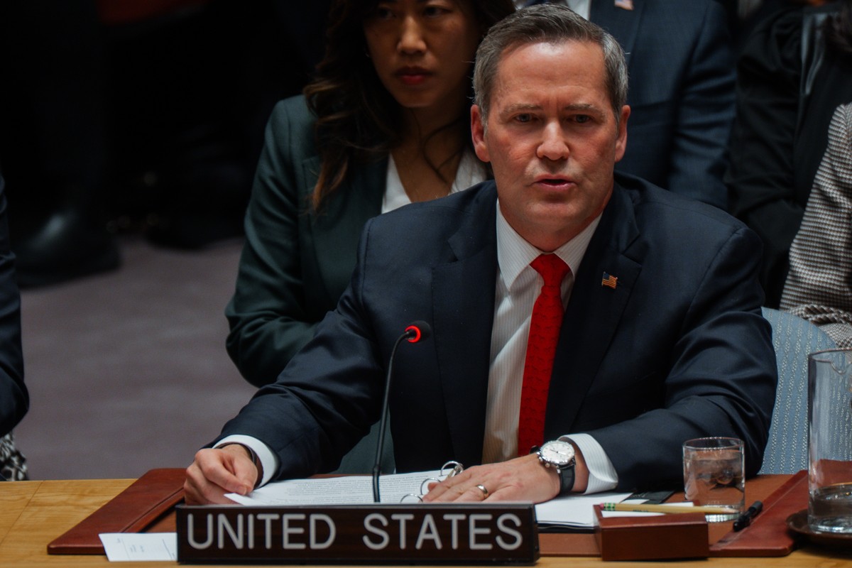 epa12532613 US representative to the United Nations Mike Waltz speaks during the UN Security Council meeting ahead of the vote on the US-drafted resolution for an international stabilization force in  ...