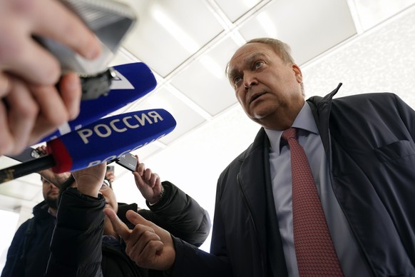 Anatoly Antonov, Russian ambassador to the United States, speaks with reporters after meeting with Assistant Secretary of State for Europe Karen Donfried at the U.S. State Department in Washington, Tu ...