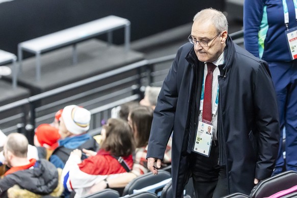 Swiss President Guy Parmelin arrives in grandstand to attend the women's group A preliminary round game between Switzerland and the Czech Republic at the 2026 Olympic Winter Games in Milan, Italy ...