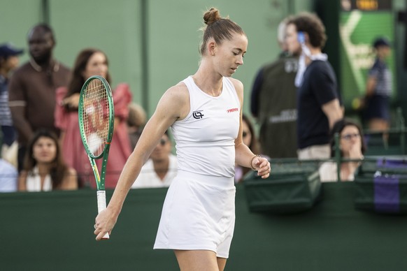 Simona Waltert of Switzerland looks on after a lost point in her first round match against Camila Osorio of Colombia at the Wimbledon All England Lawn Tennis Championships AELTC in London, on Tuesday, ...