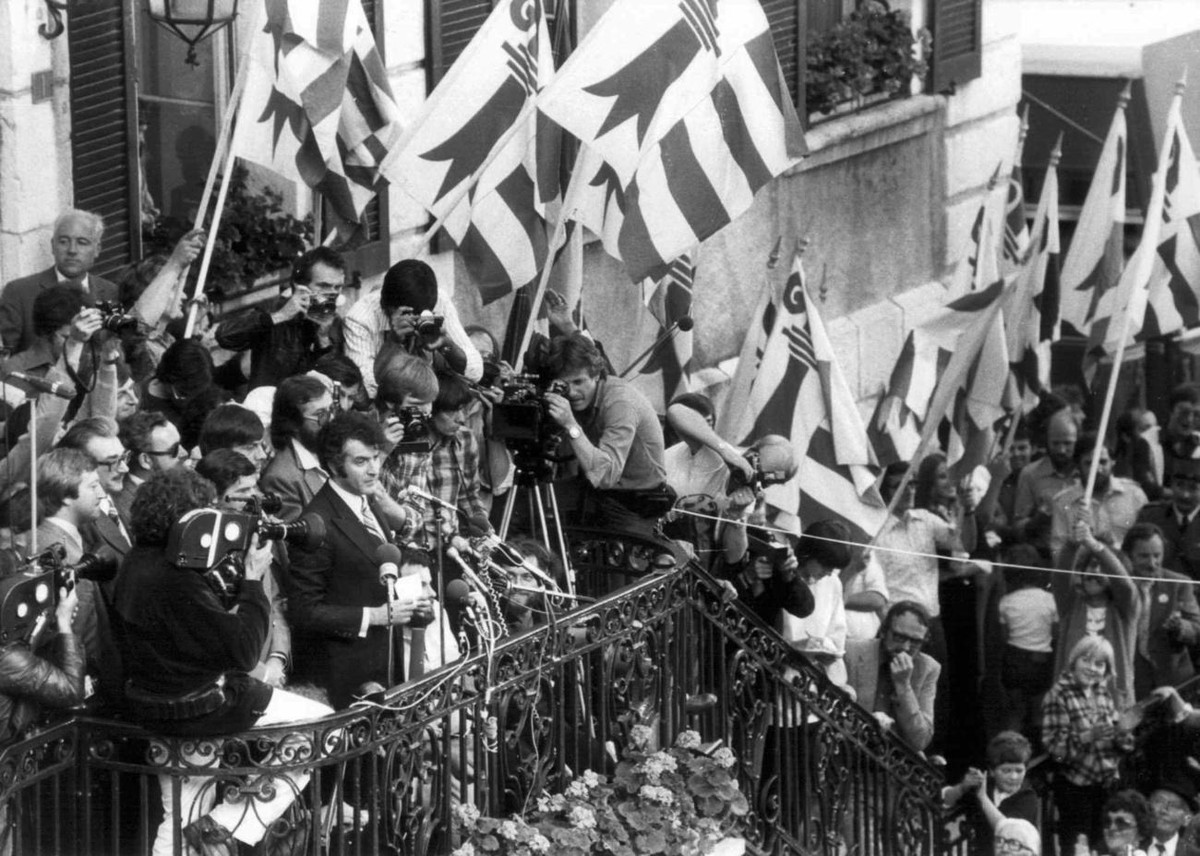 Francois Lachat, jurassischer Minister der ersten Stunde, haelt am 24. September 1978 in Delemont eine Rede zur Feier der Gruendung des Kantons Jura, nachdem das Resultat der eidgenoessischen Abstimmu ...