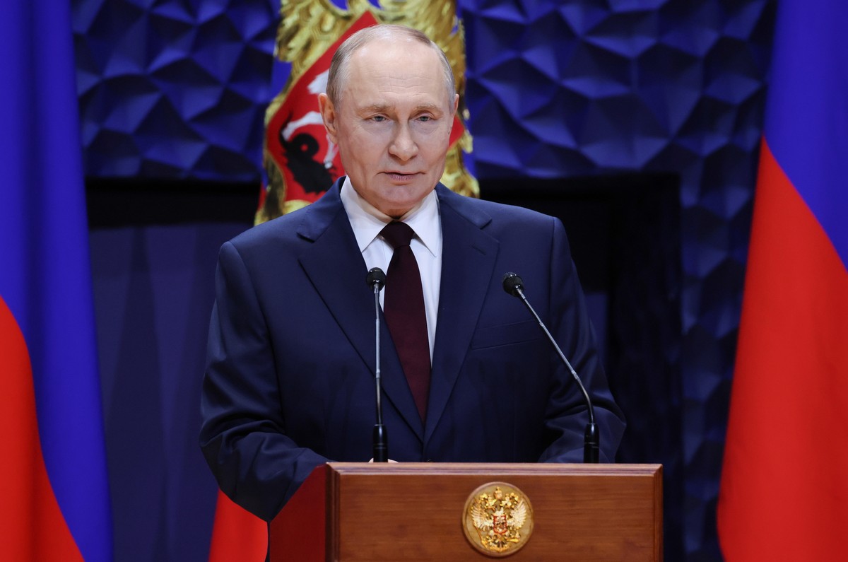 Russian President Vladimir Putin speaks during the opening ceremony of a concert hall in Sirius urban-type settlement, Krasnodar Territory, Russia, Friday, Oct. 3, 2025. (Mikhail Metzel, Sputnik, Krem ...