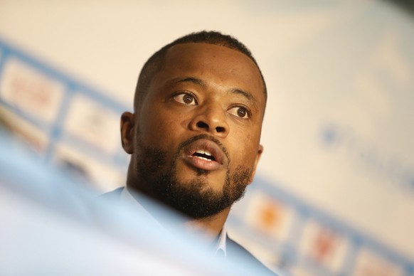 Olympique Marseille new player Patrice Evra speaks during his presentation press conference in Marseille, southern France, Thursday, Jan. 26, 2017. Marseille has signed veteran left back Patrice Evra  ...