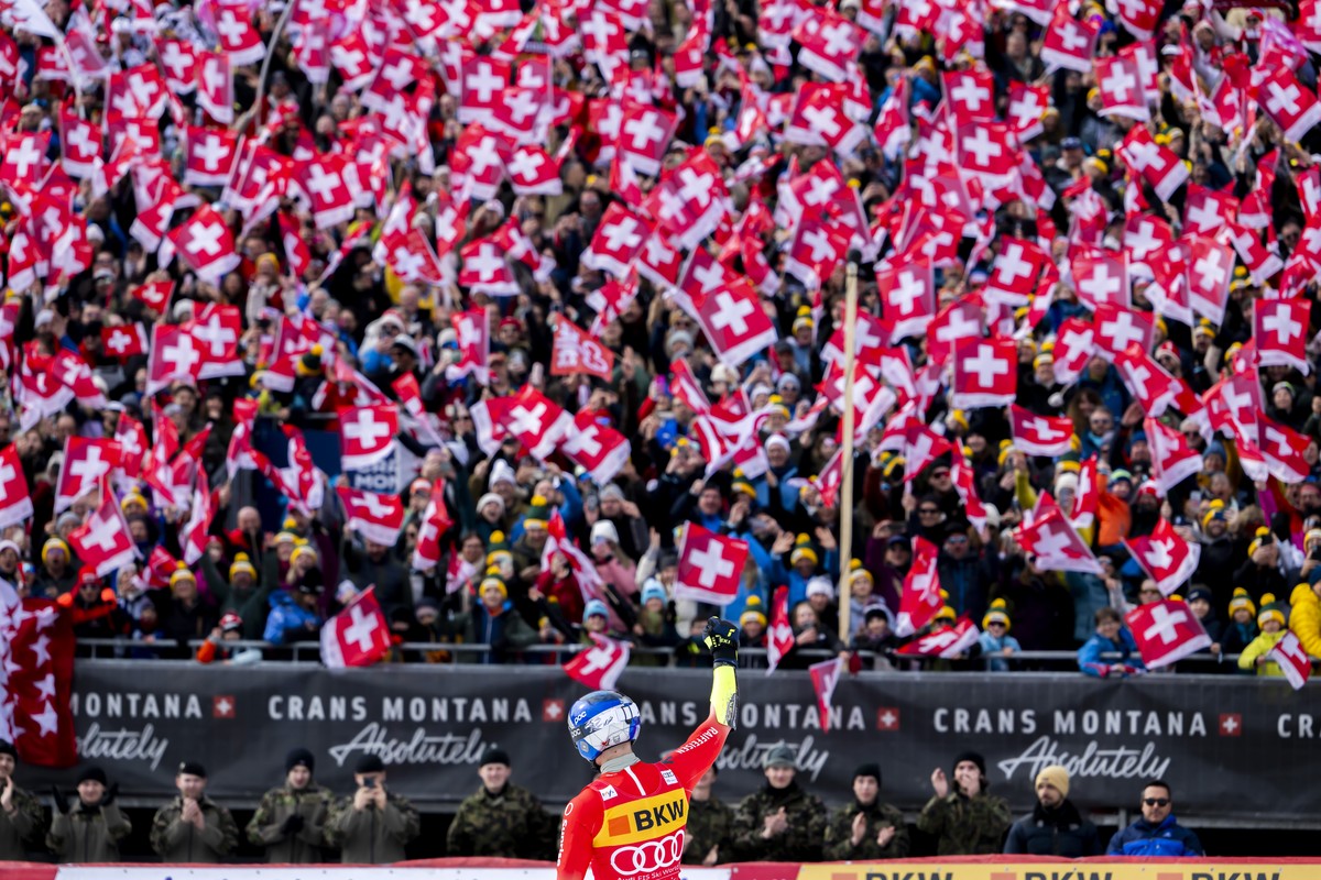 KEYPIX - Marco Odermatt of Switzerland reacts in the finish area during the men's Super-G race at the Alpine Skiing FIS Ski World Cup, in Crans-Montana, Switzerland, Sunday, February 23, 2025. (K ...