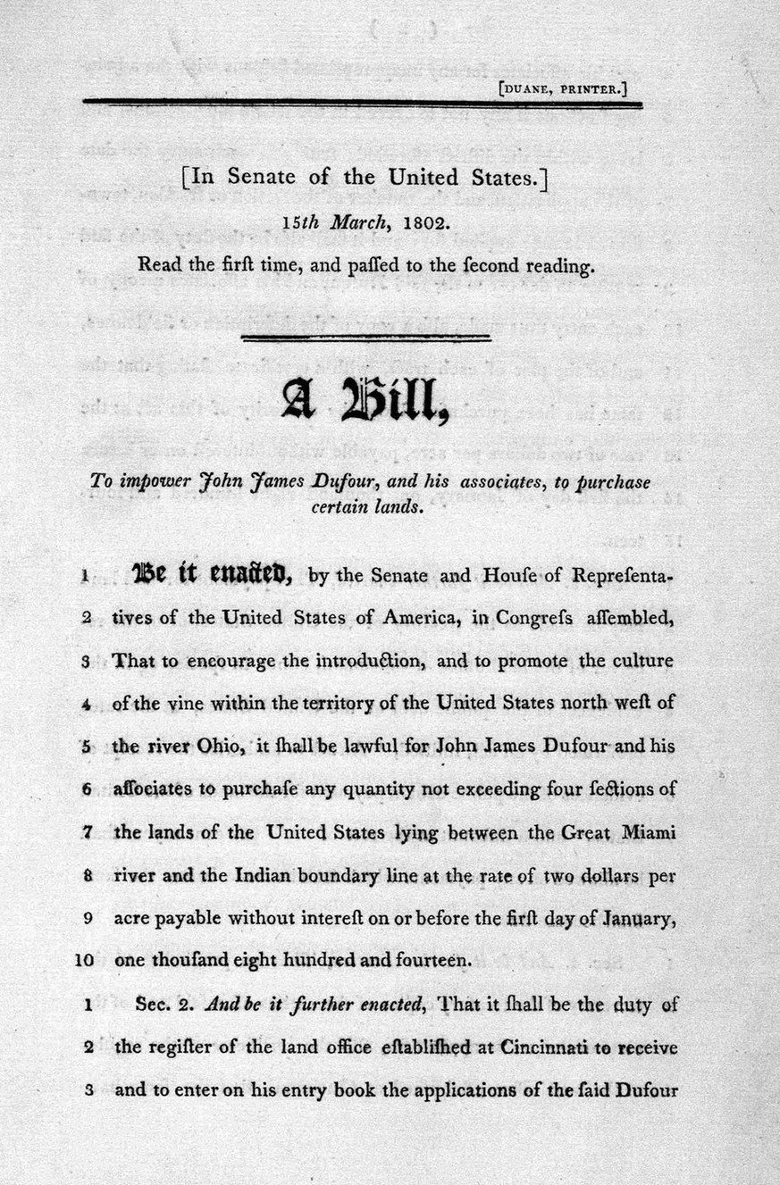 Antrag von John James Dufour an den US-Senat zum Kauf von Land nordwestlich des Ohiorivers, 1802.
https://www.loc.gov/resource/rbpe.22601700/?sp=1&amp;st=image