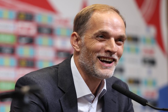 epa11662454 The latest head coach of the England national men?s soccer team Thomas Tuchel speaks at a media briefing at Wembley Stadium in London, Britain, 16 October 2024. The former Bayern Munich an ...