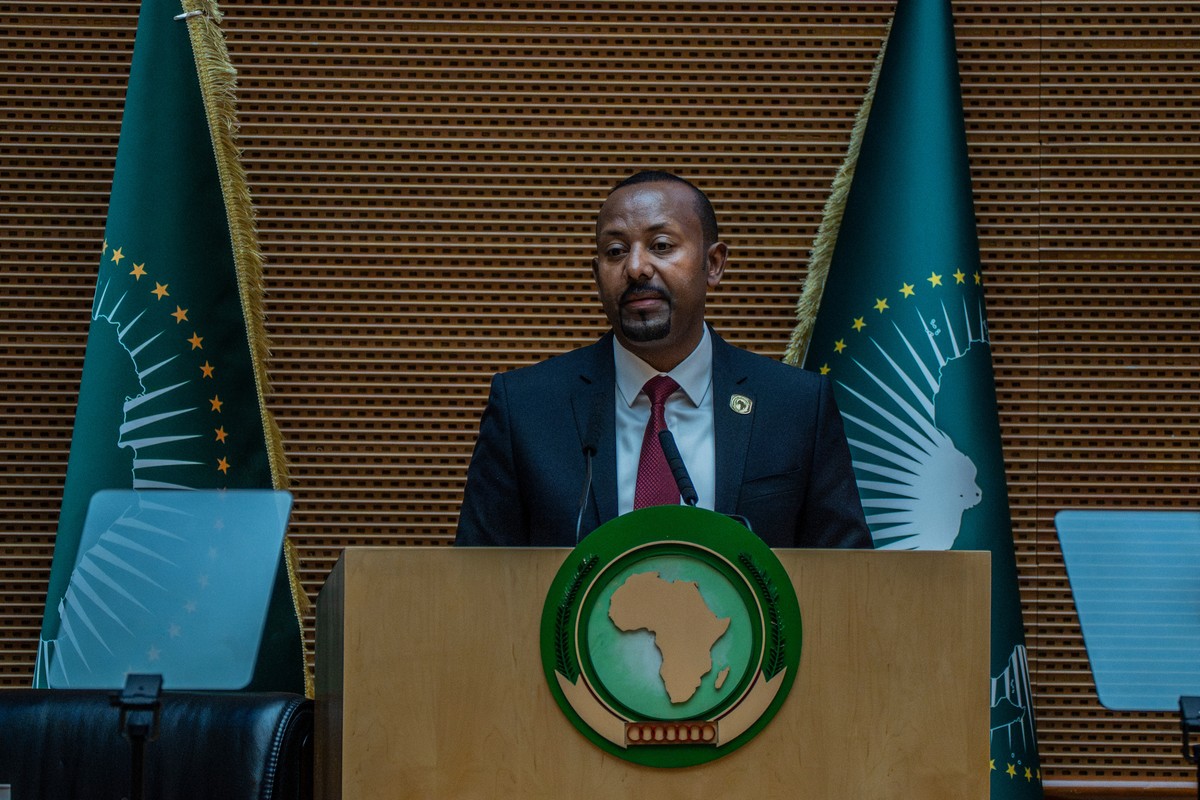 Ethiopia's Prime Minister Abiy Ahmed Ali delivers a speech during the annual African Union Summit at the Addis International Convention Center in Addis Ababa, Ethiopia, Saturday, Feb. 14, 2026. ( ...