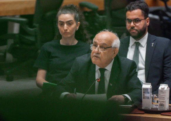epa12292653 Palestinian Ambassador to the United Nations Riyad Mansour (C) speaks during an emergency Security Council meeting at United Nations (UN) headquarters in New York, New York, USA, 10 August ...