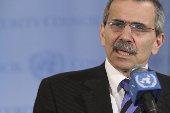 FILE - Lebanese Ambassador to the United Nations Nawaf Salam speaks to reporters after Security Council consultations on the situation in Libya, March 14, 2011 at United Nations headquarters. (AP Phot ...