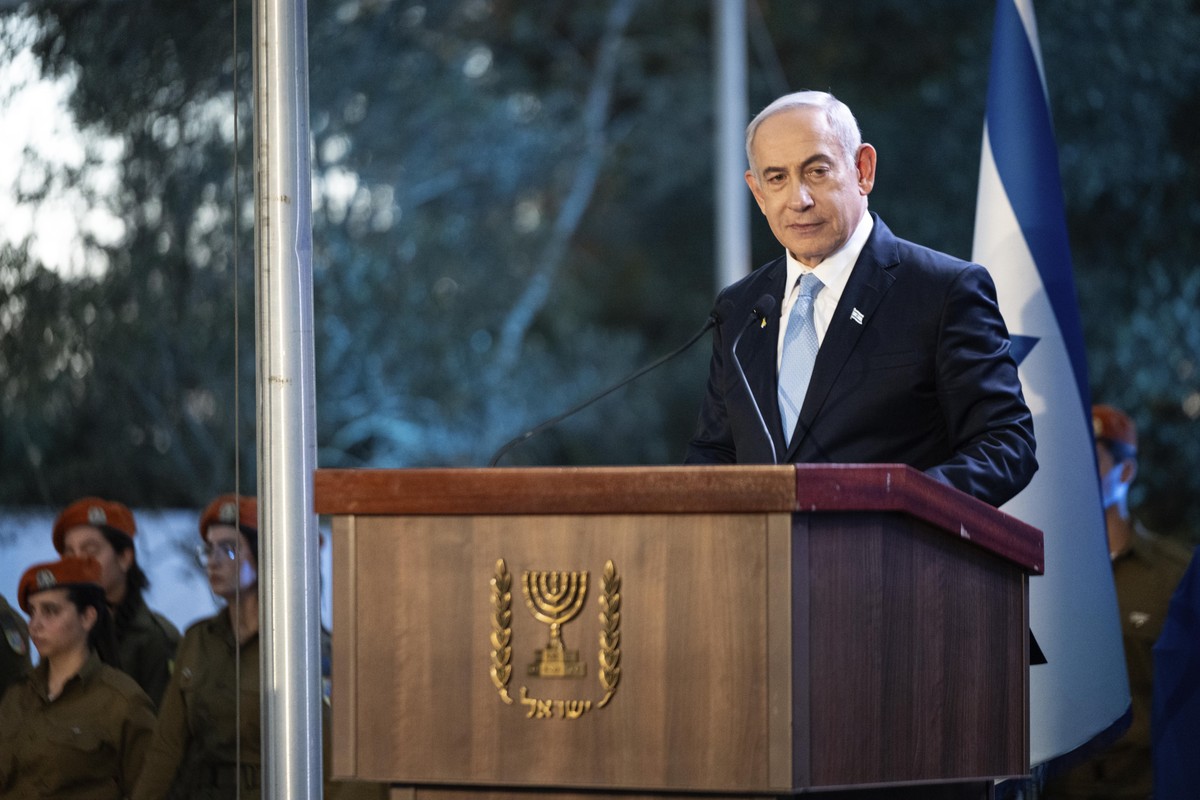 epa11526316 Israeli Prime Minister Benjamin Netanyahu speaks during the state memorial for former Revisionist Zionist leader and author Ze'ev Jabotinsky at Mount Herzl Military Cemetery in Jerusa ...