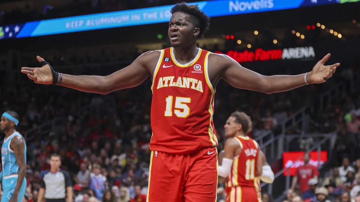 Atlanta Hawks center Clint Capela (15) reacts to a call in the second half of a NBA basketball game against the Charlotte Hornets Sunday, Oct. 23, 2022 in Atlanta. (AP Photo/Brett Davis)
Clint Capela