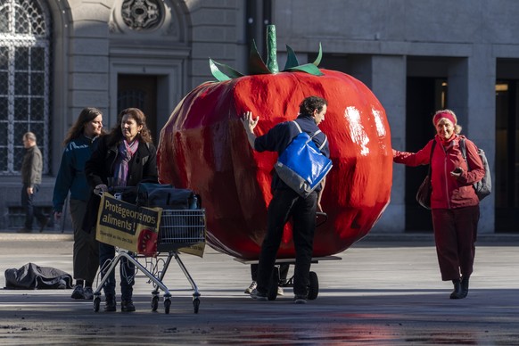 KEYPIX - Personen mit einer uebergrossen Tomate bei der Einreichung der Eidgenoessischen Volksinitiative fuer gentechnikfreie Lebensmittel (Lebensmittelschutz-Initiative), am Freitag, 27. Februar 2026 ...