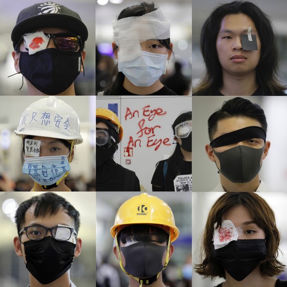 In this combination of photos taken on Monday, Aug. 12, 2019, protesters wear eyepatches during a demonstration at the airport in Hong Kong. Protesters who have occupied Hong Kong International Airpor ...