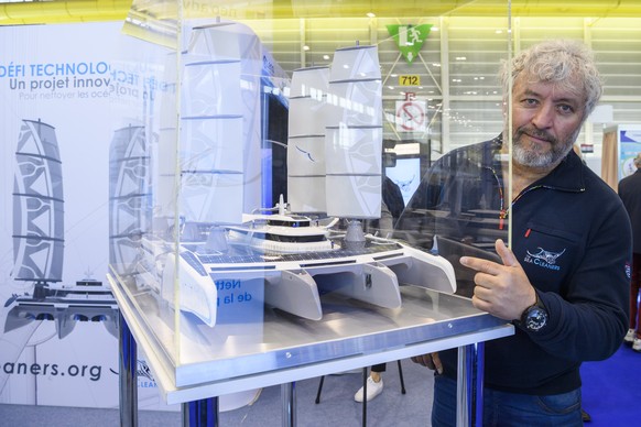 Swiss Yvan Bourgnon, Skipper, Adventurer and Ecologist, he presents a model of his a giant boat to clean up the oceans the Manta a quadrimaran, at the 46th International Exhibition of Inventions, New  ...