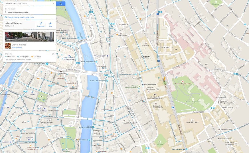 Die blauen Linien markieren, wo Google Street View verfügbar ist. Die Strassen rund um die Uni und die ETH sind kaum abgedeckt.