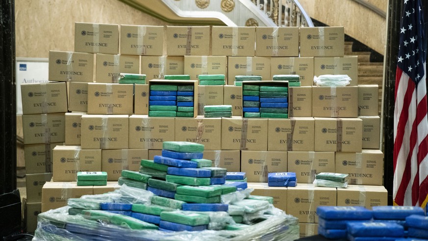 A fraction of a ship's cocaine in a Philadelphia port is seen ahead of a press conference at the U.S. Custom House in Philadelphia, Friday, June 21, 2019. Federal officials have estimated…