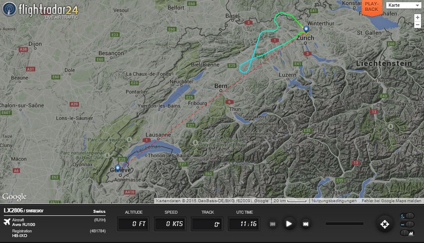 Flug LX-2806 kehr nach Genf zurück (30.08.2015).&nbsp;