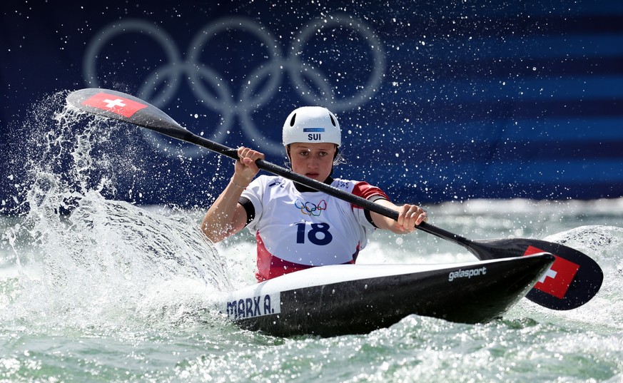 epa11502723 Alena Marx of Switzerland in action during the Women&#039;s Kayak Single semifinal of the Canoeing Slalom competitions in the Paris 2024 Olympic Games at the Vaires-sur-Marne Nautical Stad ...