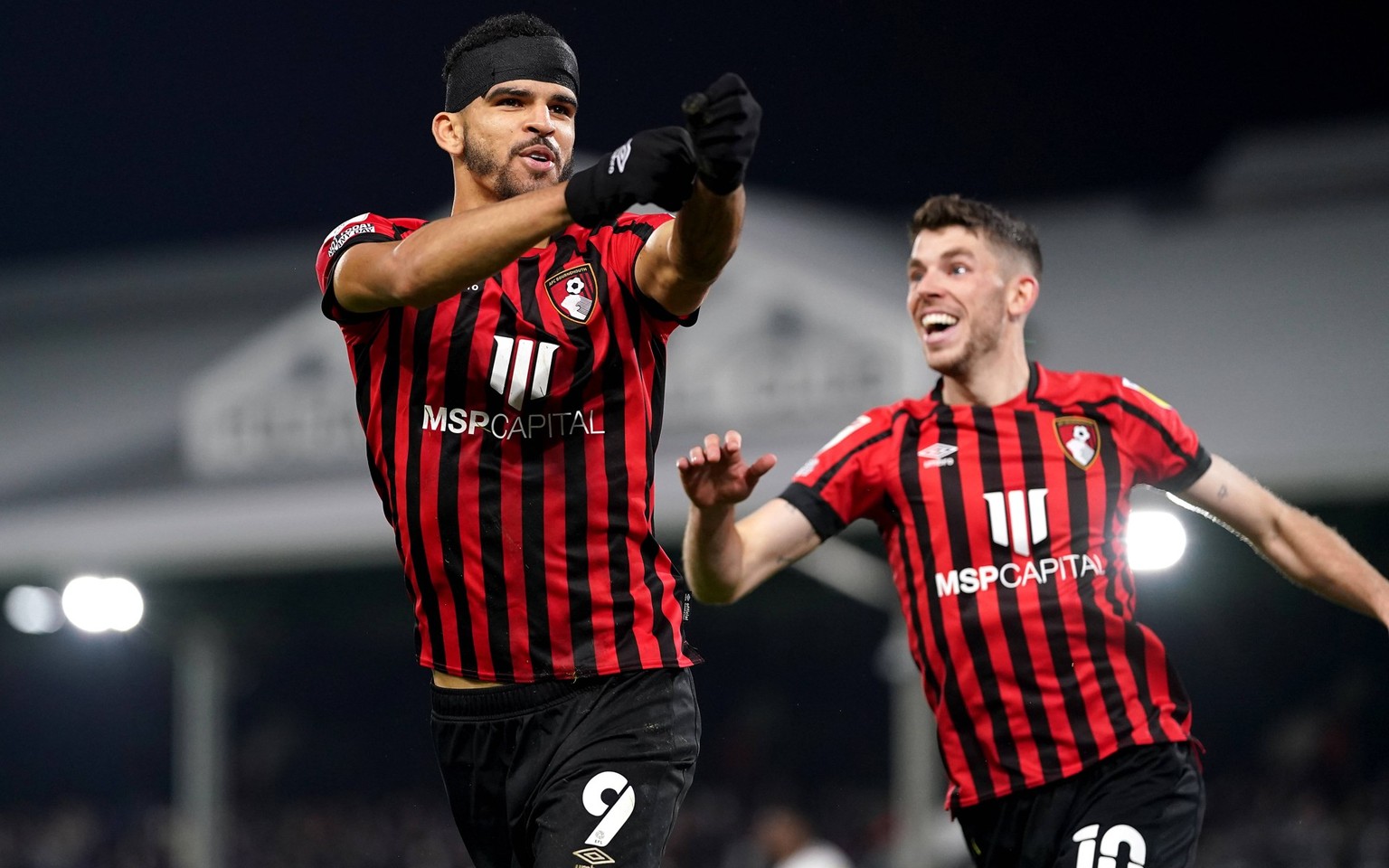 Fulham v AFC Bournemouth - Sky Bet Championship - Craven Cottage Bournemouth s Dominic Solanke left celebrates scoring their side s first goal of the game during the Sky Bet Championship match at Crav ...