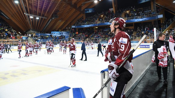 Riga`s Danny Kristo after losing the game between Dinamo Riga and Mountfield HK at the 91th Spengler Cup ice hockey tournament in Davos, Switzerland, Friday, December 29, 2017. (KEYSTONE/Melanie Duche ...