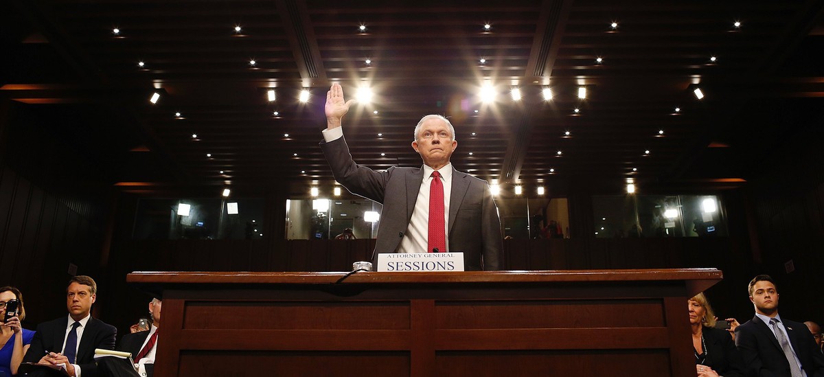epa06026649 Attorney General Jeff Sessions is sworn in to testify before the Senate Intelligence Committee on the FBI's investigation into the Trump administration, and its possible collusion wit ...