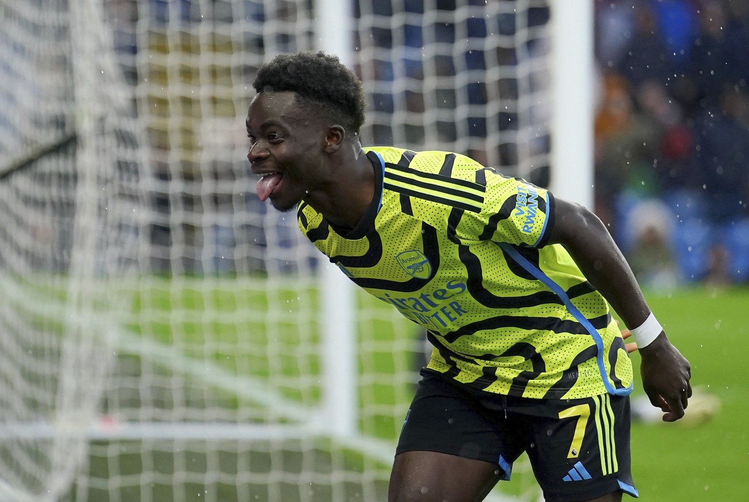 Arsenal&#039;s Bukayo Saka celebrates scoring his side&#039;s third goal of the game, during the English Premier League soccer match between Burnley and Arsenal, at Turf Moor, in Burnley, England, Sat ...