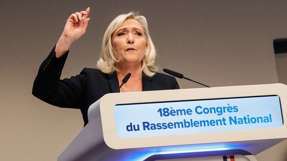 epa10287615 Marine Le Pen, ex-president of France&#039;s far right Rassemblement National (RN) party, addresses the 18th RN party Congress in Paris, France, 05 November 2022. The congress chose Eurode ...