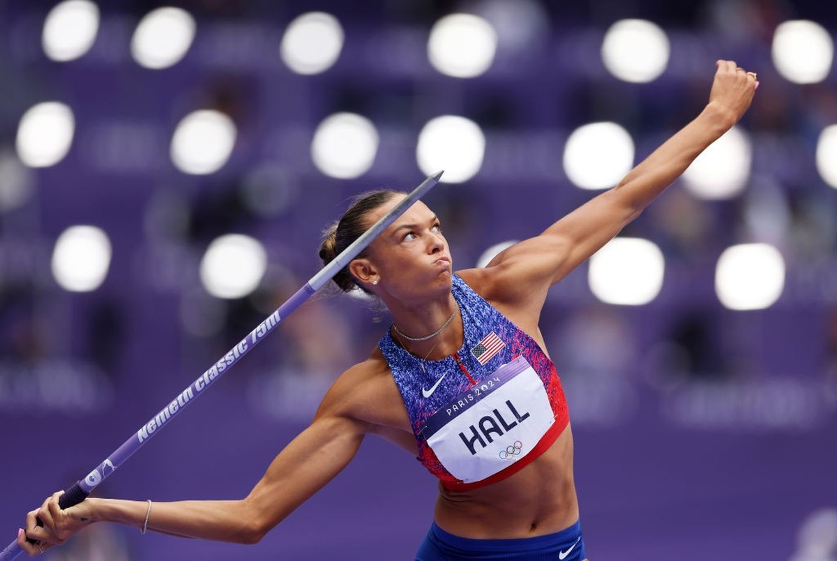 PARIS, FRANCE - AUGUST 09: Anna Hall of Team United States competes in the Women's Heptathlon Javelin Throw on day fourteen of the Olympic Games Paris 2024 at Stade de France on August 09, 2024 i ...