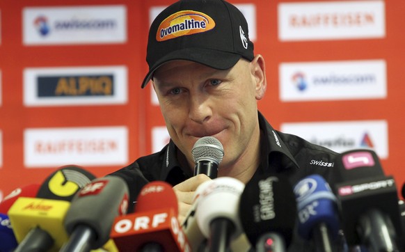 Swiss veteran downhill racer Didier Cuche talks to the media during a press conference, in Kitzbuehel, Austria, Thursday, Jan.19, 2012. The 37-year-old skier called a news conference ahead of Saturday ...