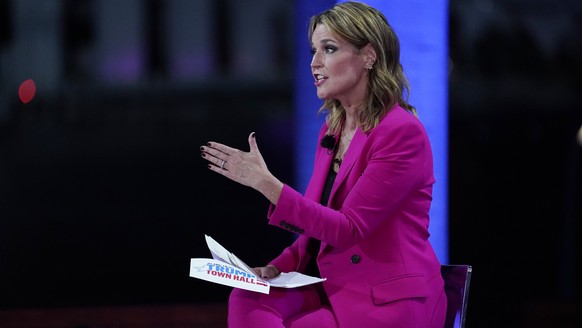Moderator Savannah Guthrie speaks during an NBC News Town Hall with President Donald Trump at Perez Art Museum Miami, Thursday, Oct. 15, 2020, in Miami. (AP Photo/Evan Vucci)
Donald Trump