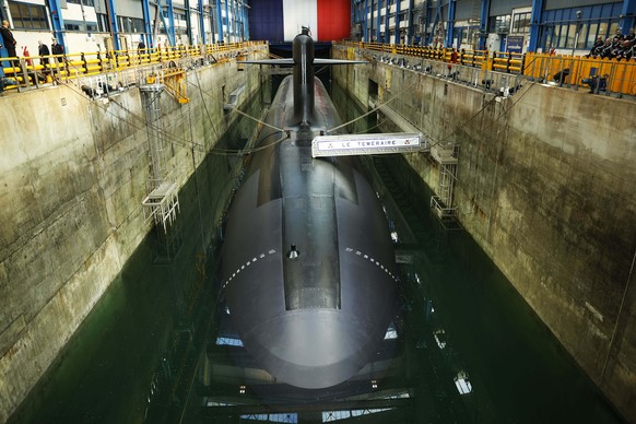 The submarine 'Le Temeraire' (The Temerarious), at the Nuclear submarines Navy base of Ile Longue in Crozon, France, Monday March 2, 2026. (Yoan Valat/Pool Photo via AP)
French President Mac ...